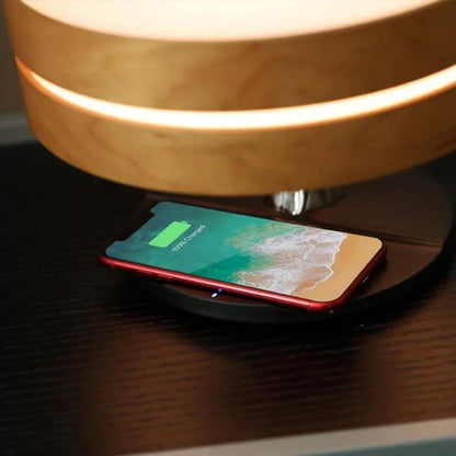 la lampe de chevet design et originale ave chargeur a induction et speaker lampe de chevet bois